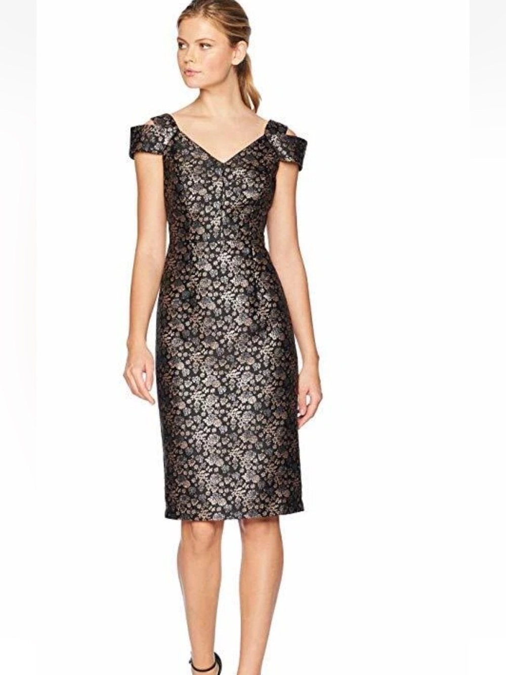 Maggy London twilight rose metallic brocade evening dress cold shoulder sheath
